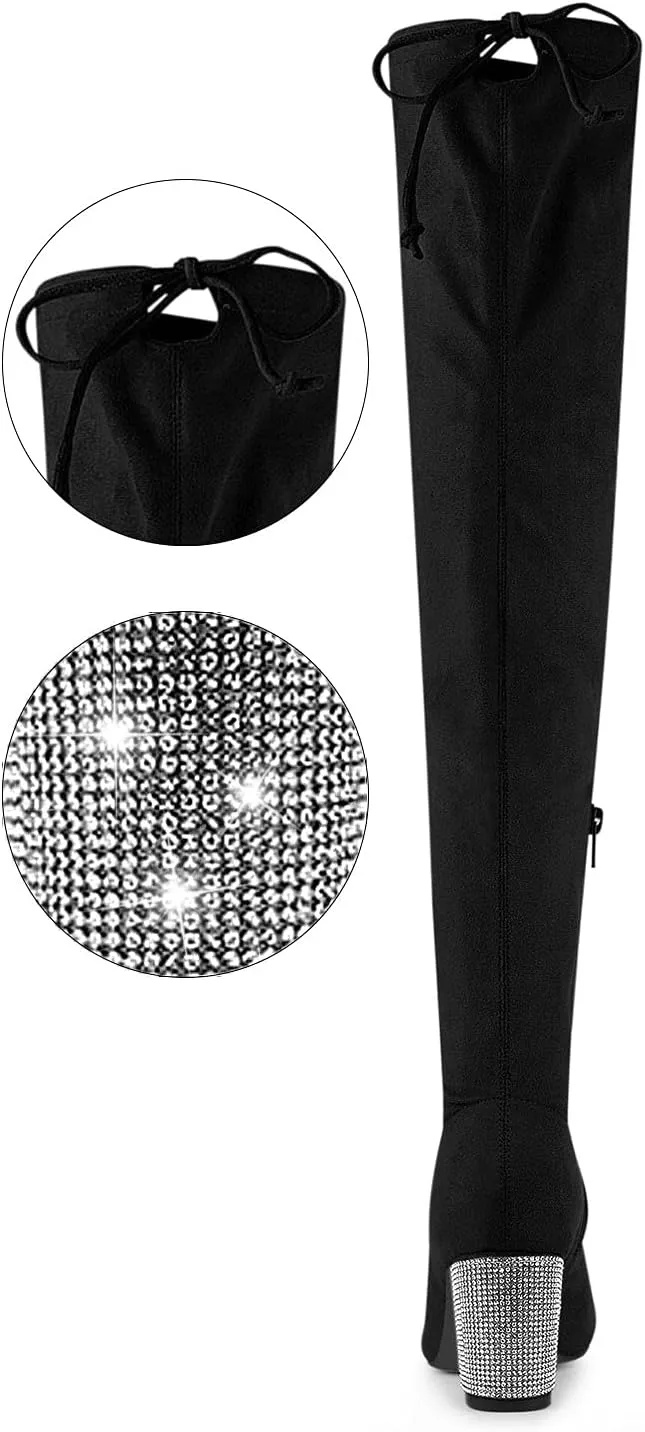 Allegra K Women's Chunky Heels Bling Rhinestone Over the Knee High Boots