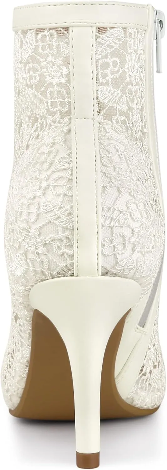 Allegra K Women's Floral Embroidered Stiletto Heels Lace Ankle Boots
