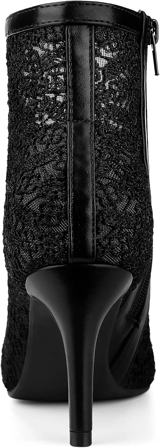 Allegra K Women's Floral Embroidered Stiletto Heels Lace Ankle Boots