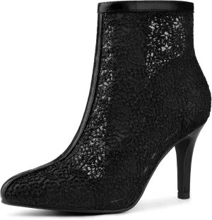Allegra K Women's Floral Embroidered Stiletto Heels Lace Ankle Boots