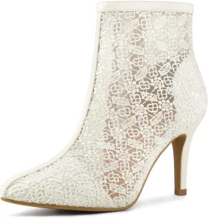 Allegra K Women's Floral Embroidered Stiletto Heels Lace Ankle Boots