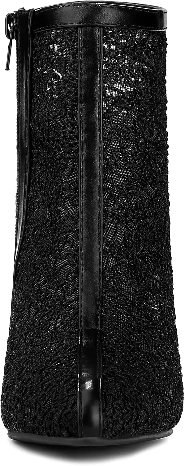 Allegra K Women's Floral Embroidered Stiletto Heels Lace Ankle Boots