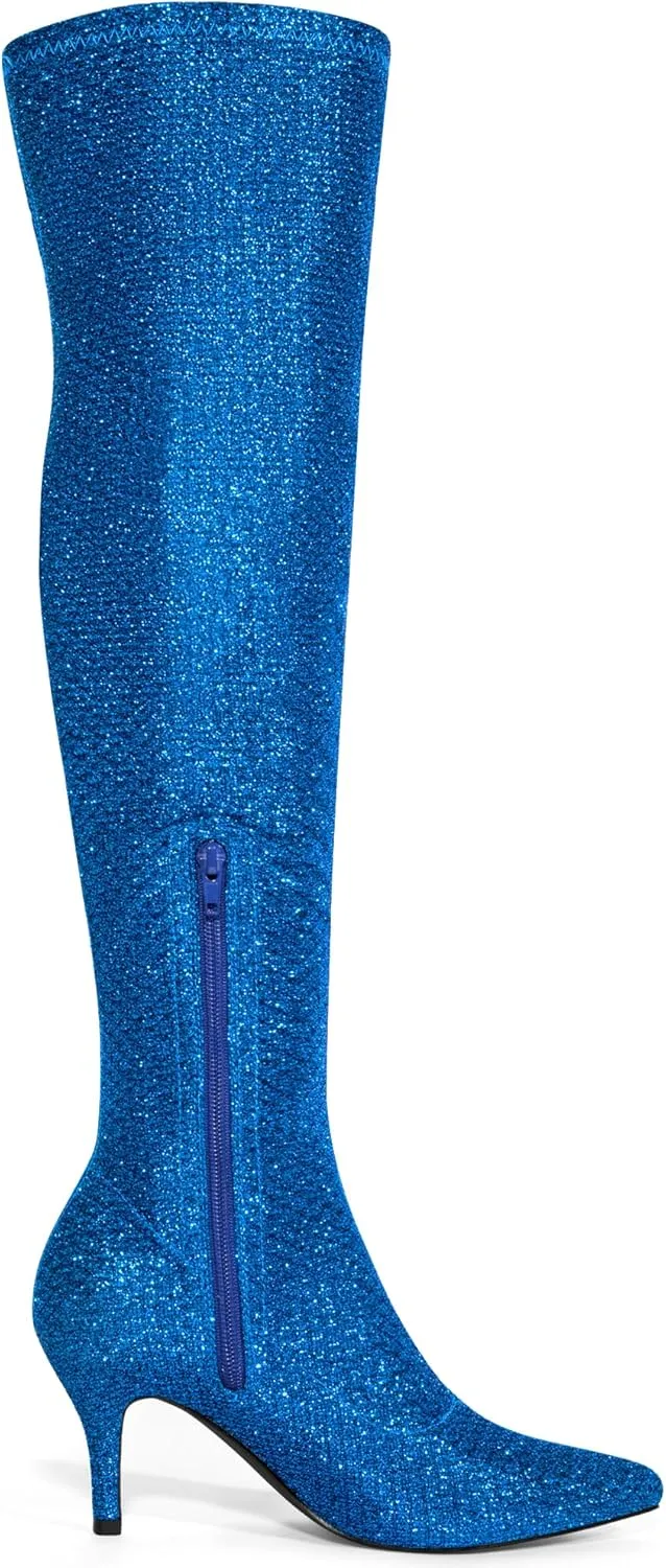 Allegra K Women's Glitter Pointed Toe Stiletto Heels Over the Knee High Boots