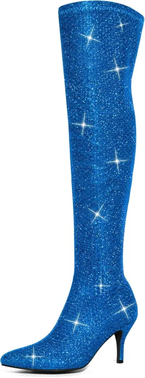 Allegra K Women's Glitter Pointed Toe Stiletto Heels Over the Knee High Boots