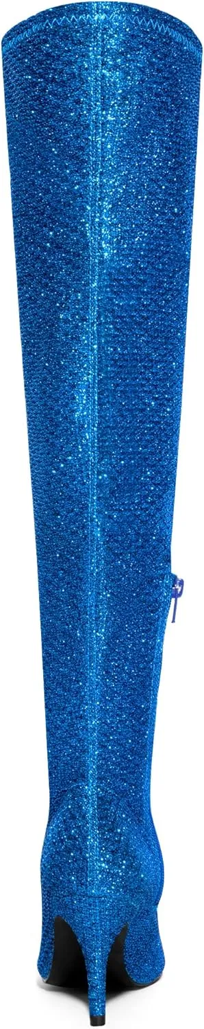 Allegra K Women's Glitter Pointed Toe Stiletto Heels Over the Knee High Boots