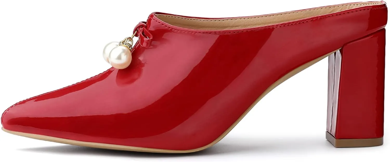 Allegra K Women's Pointed Toe Pearl Bow Chunky Heel Slides Mules