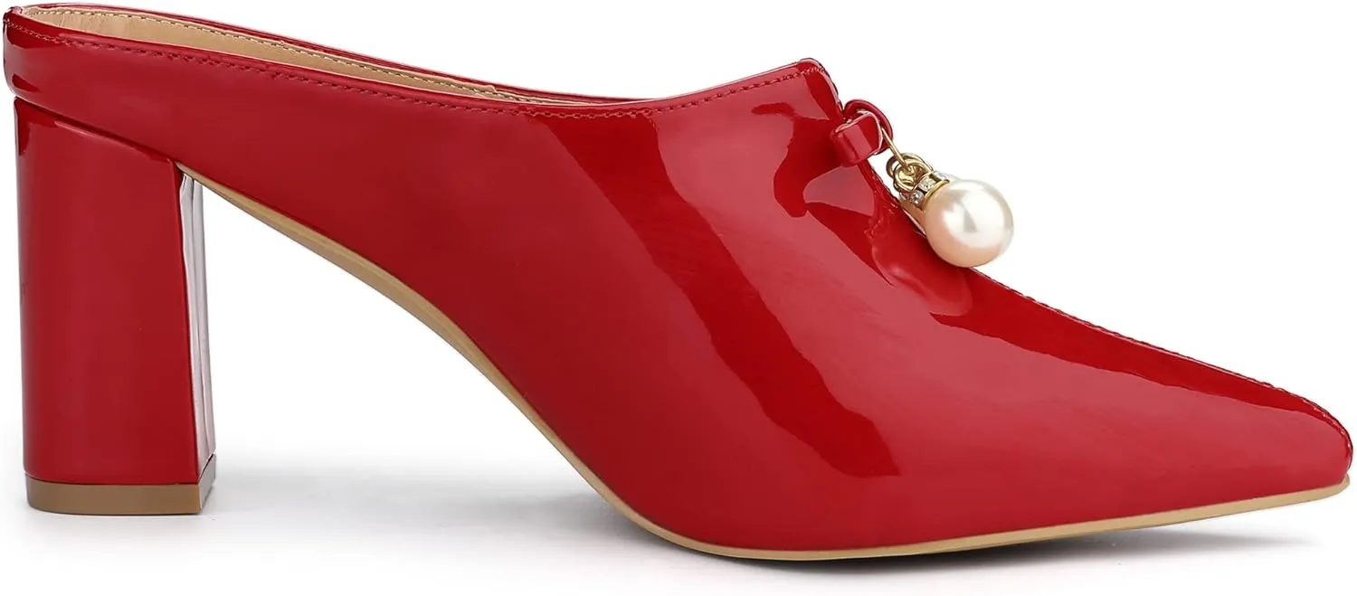 Allegra K Women's Pointed Toe Pearl Bow Chunky Heel Slides Mules