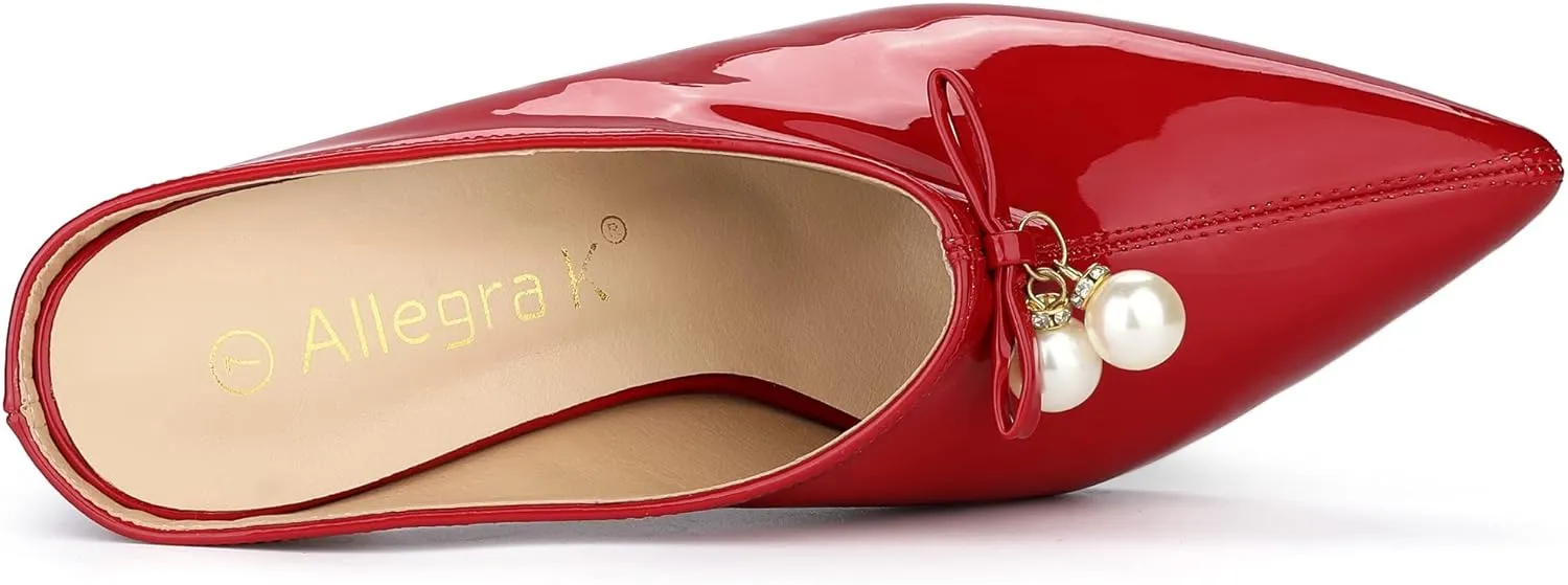 Allegra K Women's Pointed Toe Pearl Bow Chunky Heel Slides Mules