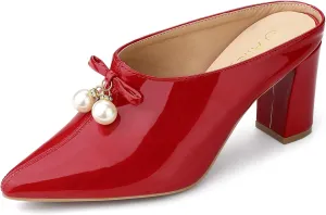 Allegra K Women's Pointed Toe Pearl Bow Chunky Heel Slides Mules