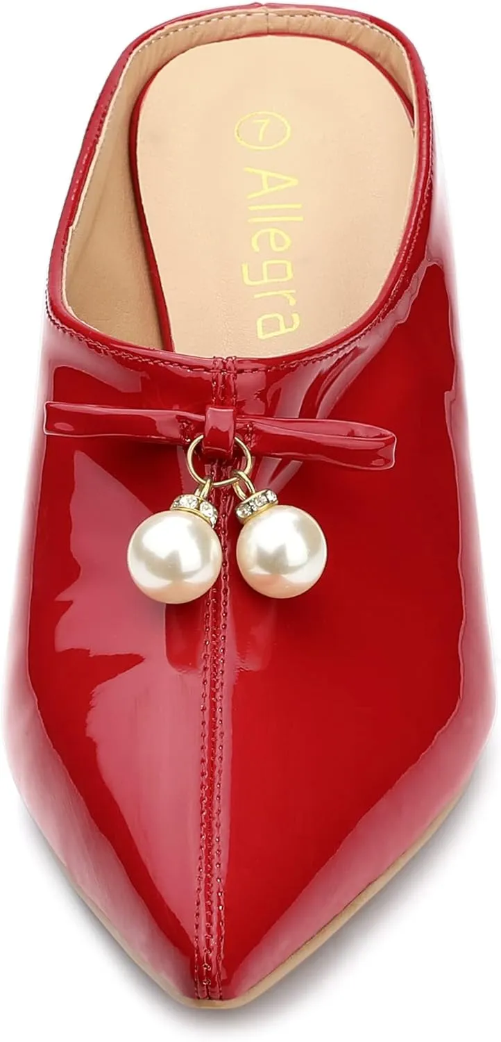 Allegra K Women's Pointed Toe Pearl Bow Chunky Heel Slides Mules