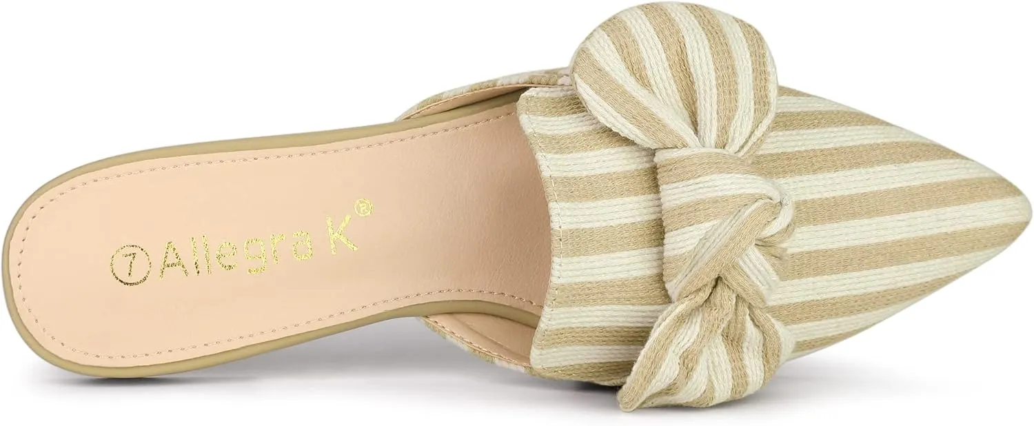 Allegra K Women's Pointed Toe Slip on Flat Stripe Bow Slides Mules