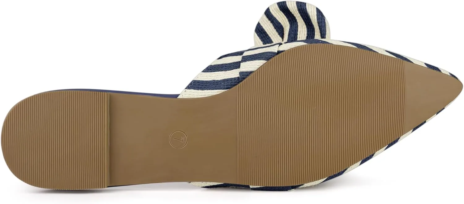 Allegra K Women's Pointed Toe Slip on Flat Stripe Bow Slides Mules