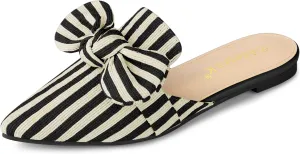 Allegra K Women's Pointed Toe Slip on Flat Stripe Bow Slides Mules