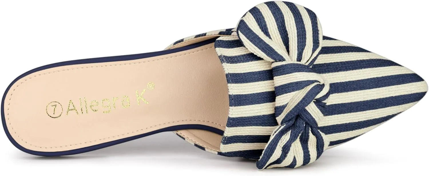 Allegra K Women's Pointed Toe Slip on Flat Stripe Bow Slides Mules