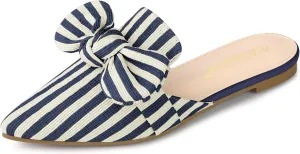 Allegra K Women's Pointed Toe Slip on Flat Stripe Bow Slides Mules