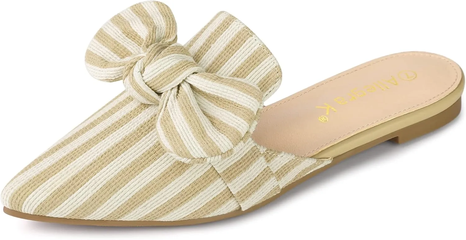Allegra K Women's Pointed Toe Slip on Flat Stripe Bow Slides Mules