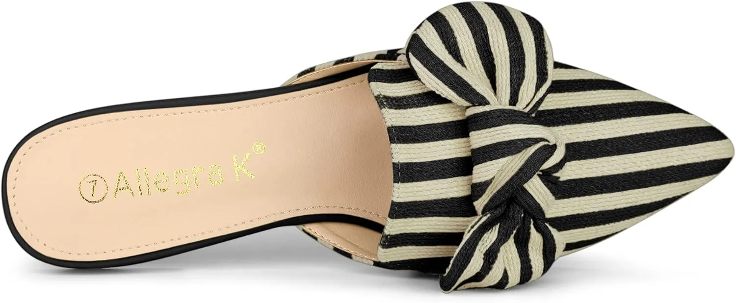 Allegra K Women's Pointed Toe Slip on Flat Stripe Bow Slides Mules