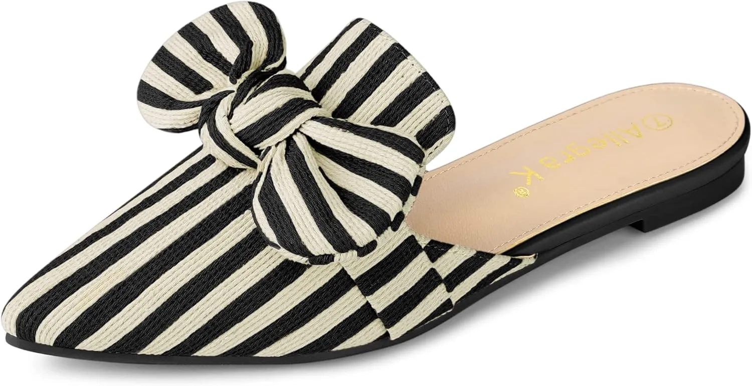 Allegra K Women's Pointed Toe Slip on Flat Stripe Bow Slides Mules