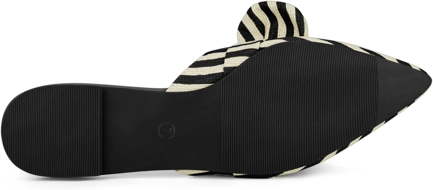 Allegra K Women's Pointed Toe Slip on Flat Stripe Bow Slides Mules