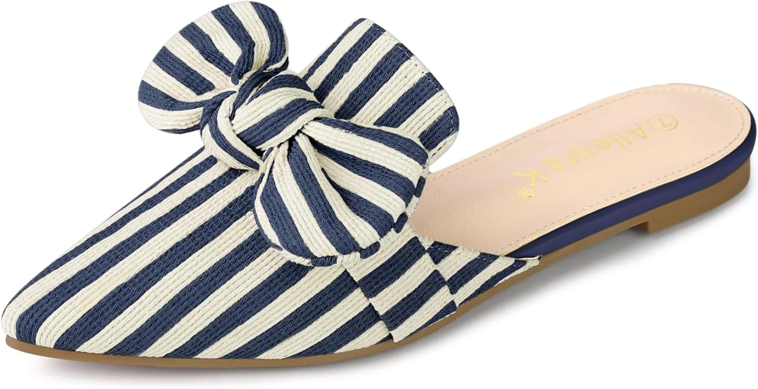 Allegra K Women's Pointed Toe Slip on Flat Stripe Bow Slides Mules