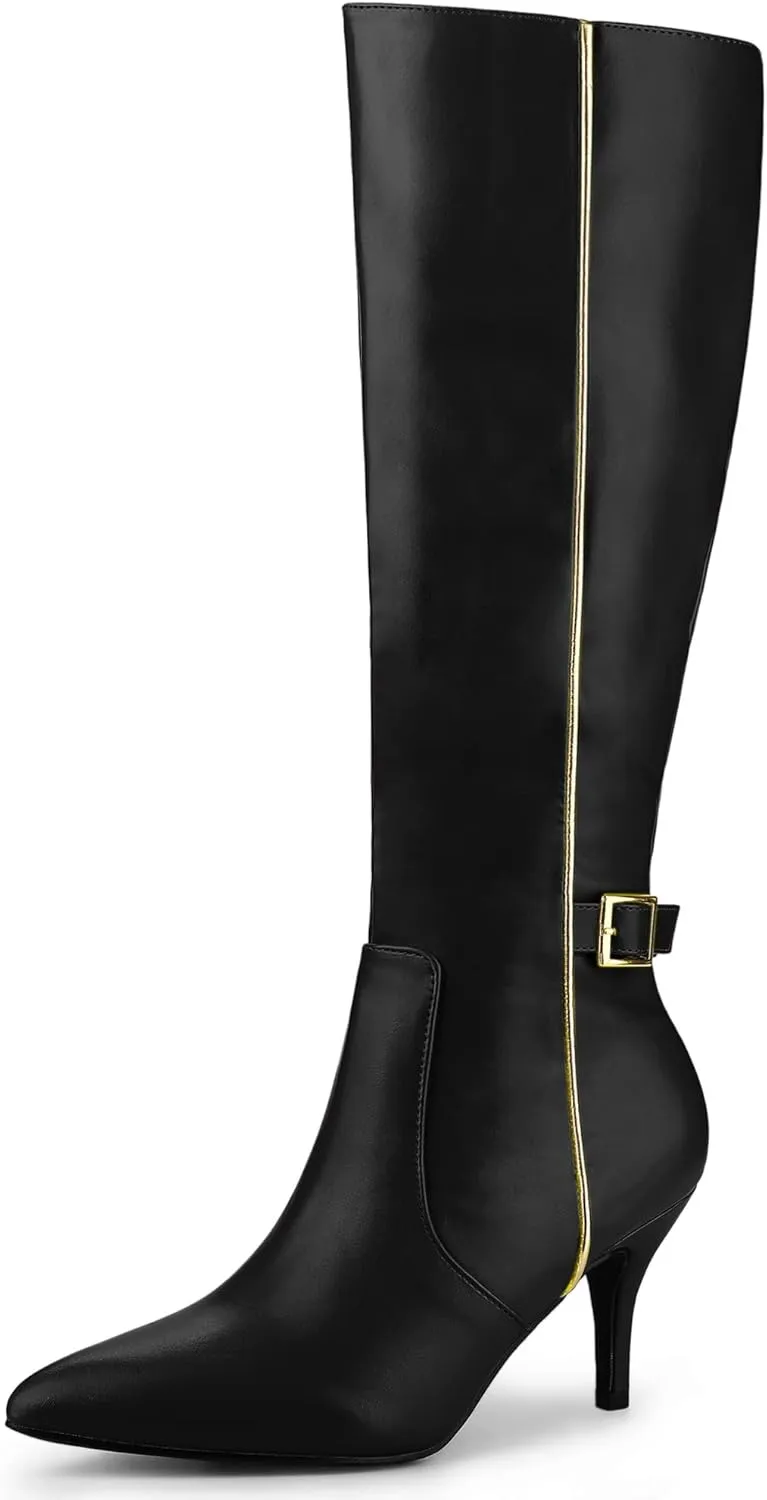 Allegra K Women's Pointy Toe Buckle Stiletto Heel Knee High Boots