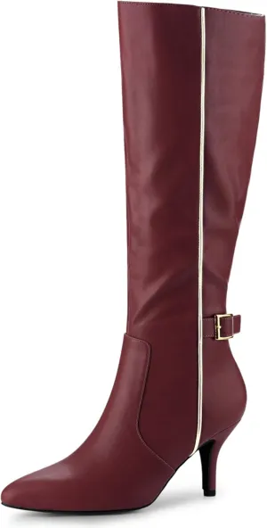 Allegra K Women's Pointy Toe Buckle Stiletto Heel Knee High Boots