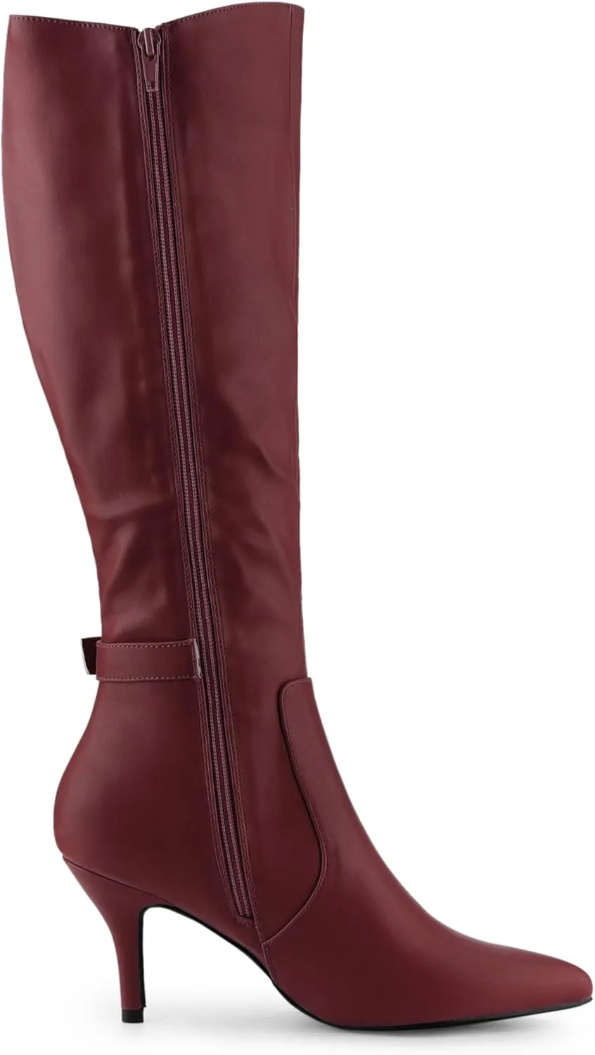 Allegra K Women's Pointy Toe Buckle Stiletto Heel Knee High Boots