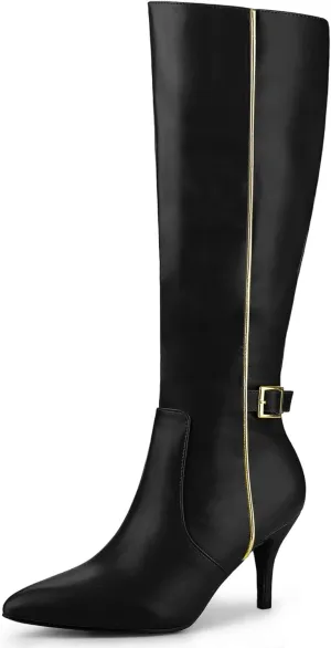 Allegra K Women's Pointy Toe Buckle Stiletto Heel Knee High Boots