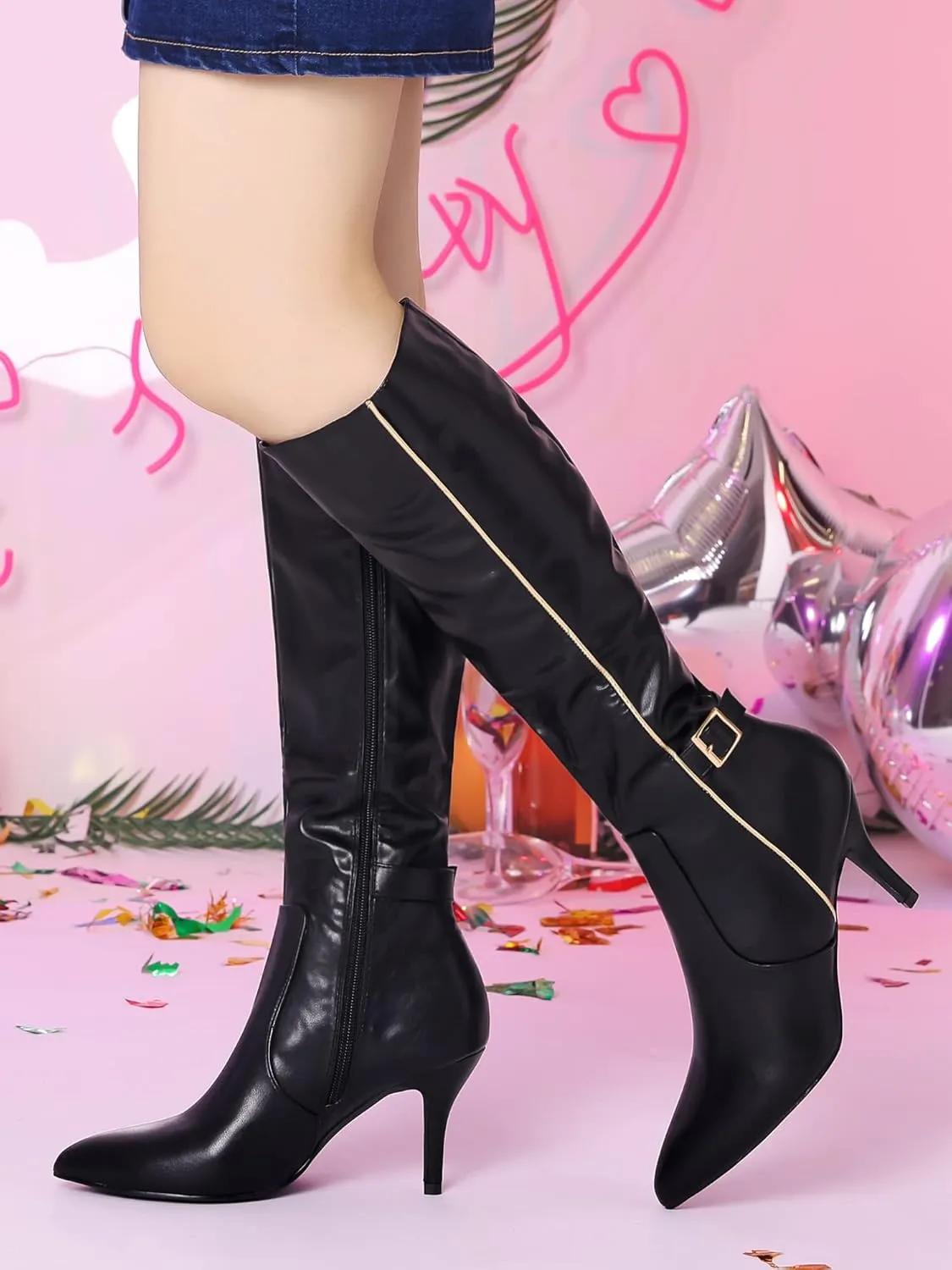 Allegra K Women's Pointy Toe Buckle Stiletto Heel Knee High Boots