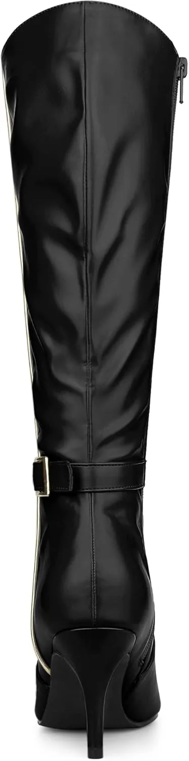 Allegra K Women's Pointy Toe Buckle Stiletto Heel Knee High Boots