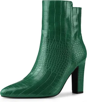 Allegra K Women's Printed Pointed Toe Chunky Heels Ankle Boots