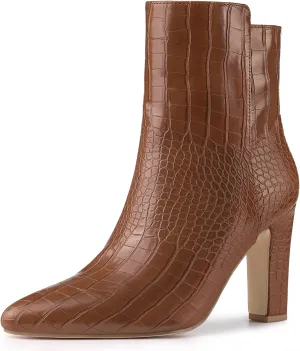 Allegra K Women's Printed Pointed Toe Chunky Heels Ankle Boots