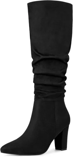 Allegra K Women's Slouch Pointed Toe Chunky Heel Knee High Boots