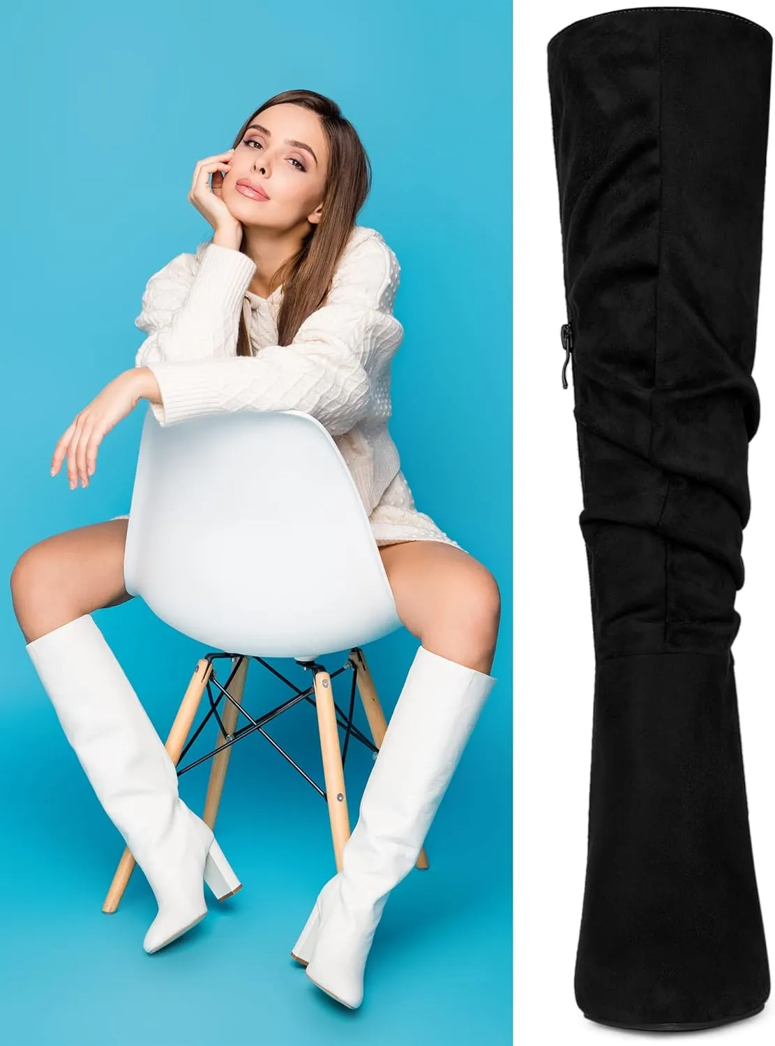 Allegra K Women's Slouch Pointed Toe Chunky Heel Knee High Boots