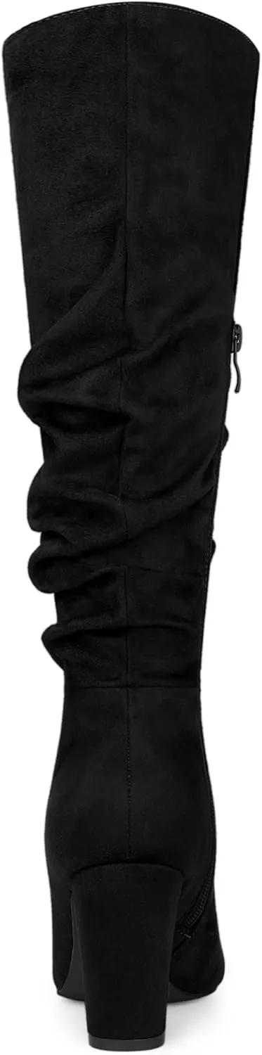 Allegra K Women's Slouch Pointed Toe Chunky Heel Knee High Boots