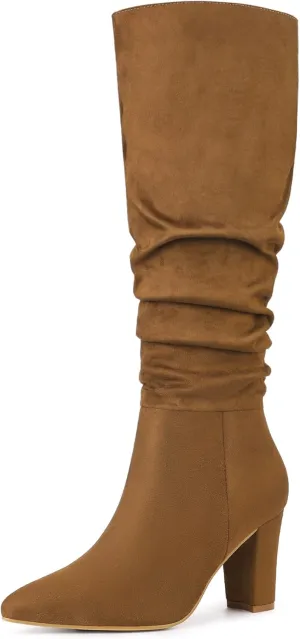 Allegra K Women's Slouch Pointed Toe Chunky Heel Knee High Boots
