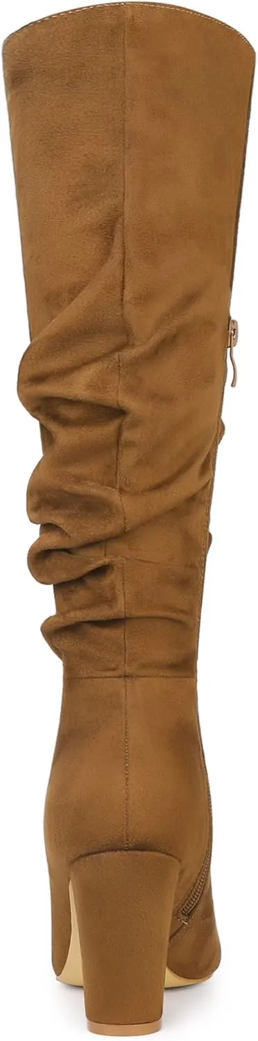 Allegra K Women's Slouch Pointed Toe Chunky Heel Knee High Boots
