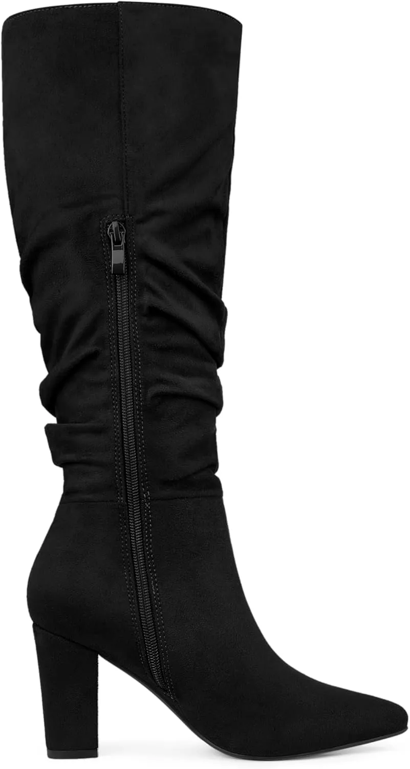 Allegra K Women's Slouch Pointed Toe Chunky Heel Knee High Boots