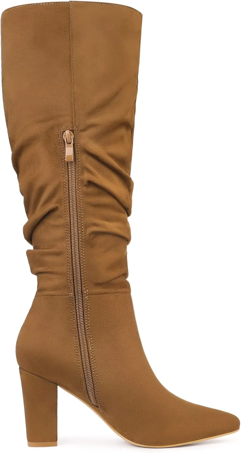 Allegra K Women's Slouch Pointed Toe Chunky Heel Knee High Boots