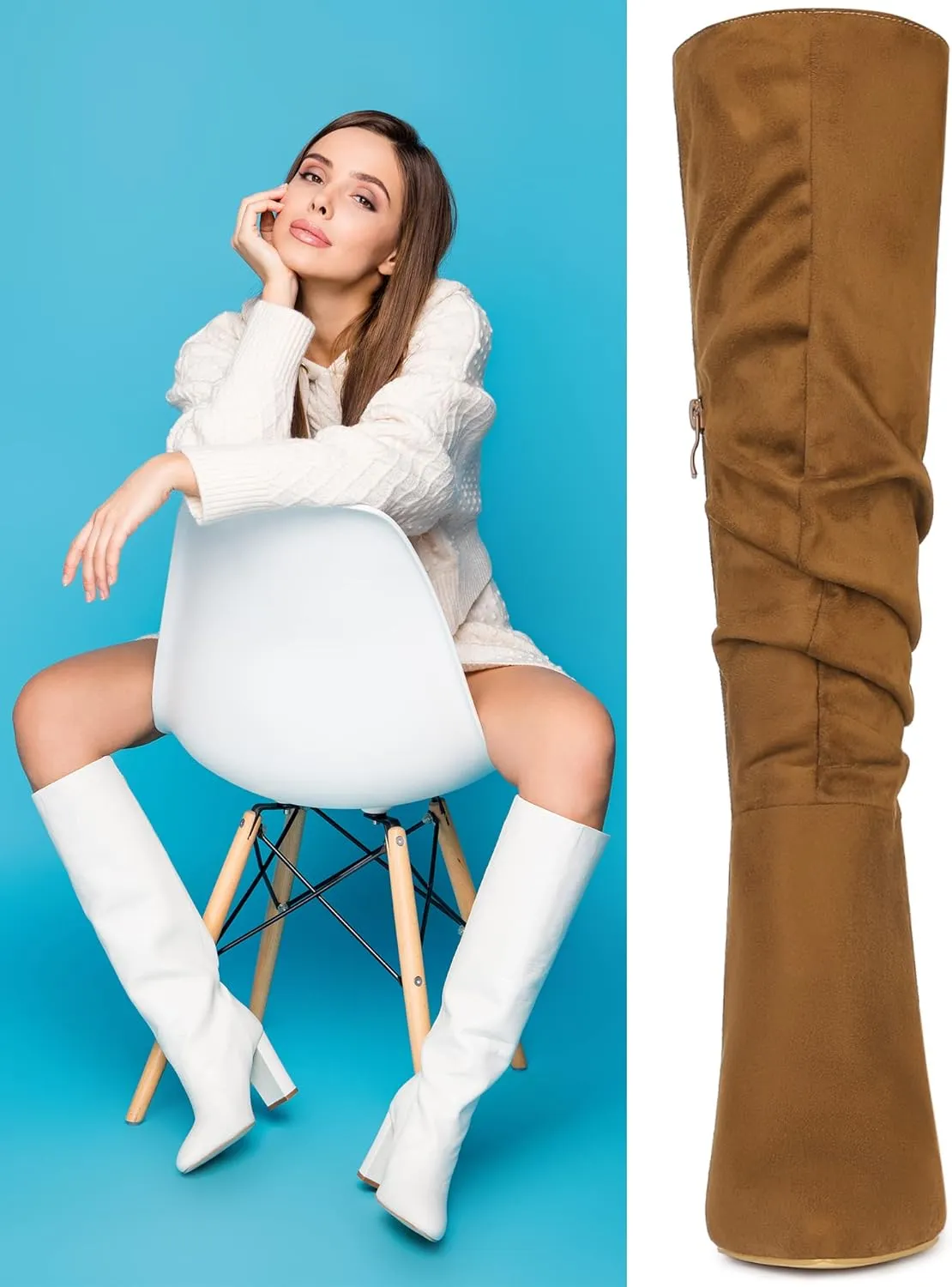 Allegra K Women's Slouch Pointed Toe Chunky Heel Knee High Boots