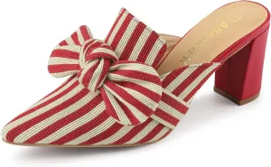 Allegra K Women's Stripe Bow Pointed Toe Block Heel Slides Mules