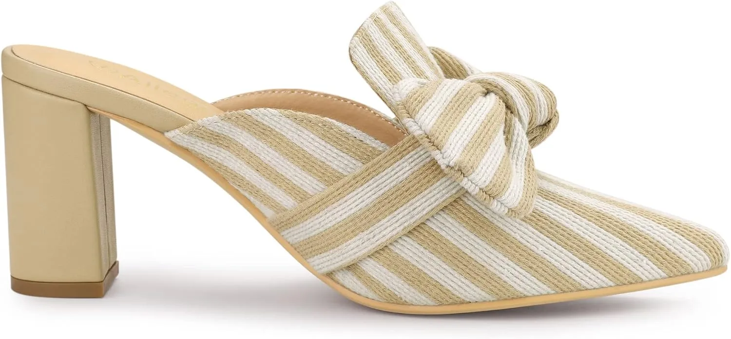 Allegra K Women's Stripe Bow Pointed Toe Block Heel Slides Mules