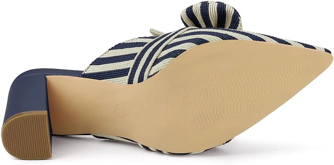 Allegra K Women's Stripe Bow Pointed Toe Block Heel Slides Mules