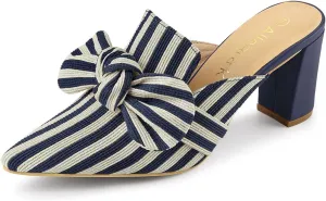 Allegra K Women's Stripe Bow Pointed Toe Block Heel Slides Mules