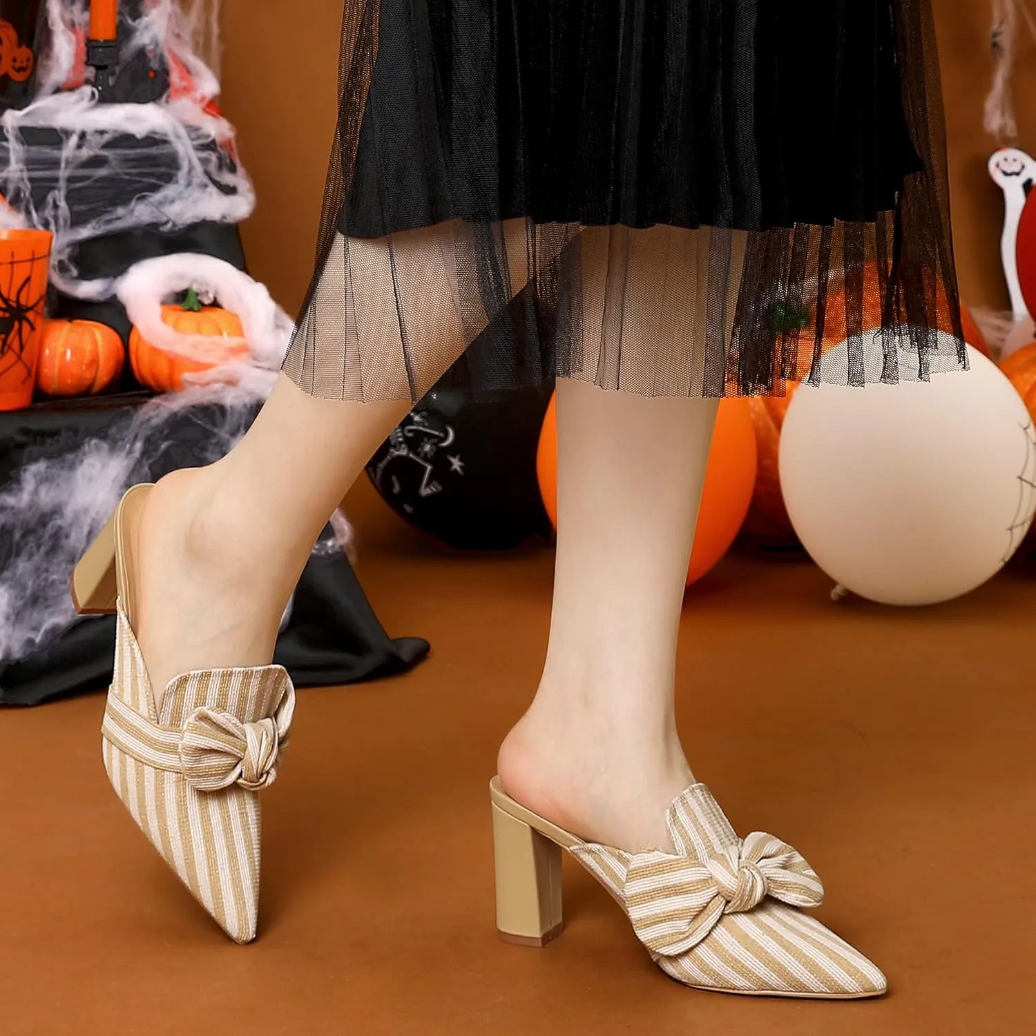 Allegra K Women's Stripe Bow Pointed Toe Block Heel Slides Mules