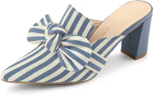 Allegra K Women's Stripe Bow Pointed Toe Block Heel Slides Mules