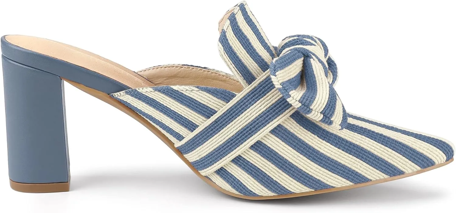 Allegra K Women's Stripe Bow Pointed Toe Block Heel Slides Mules