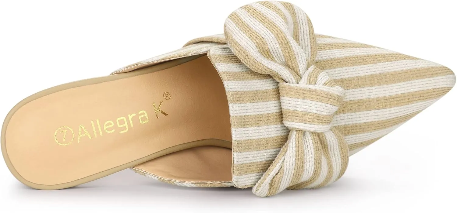 Allegra K Women's Stripe Bow Pointed Toe Block Heel Slides Mules