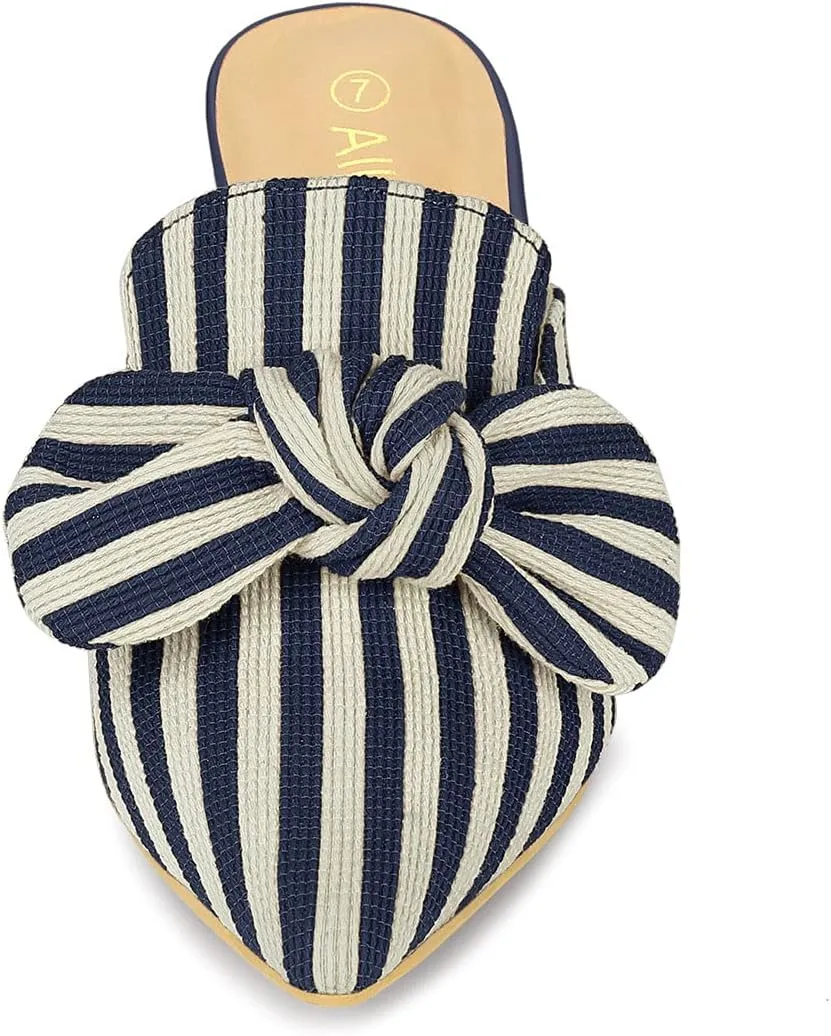Allegra K Women's Stripe Bow Pointed Toe Block Heel Slides Mules