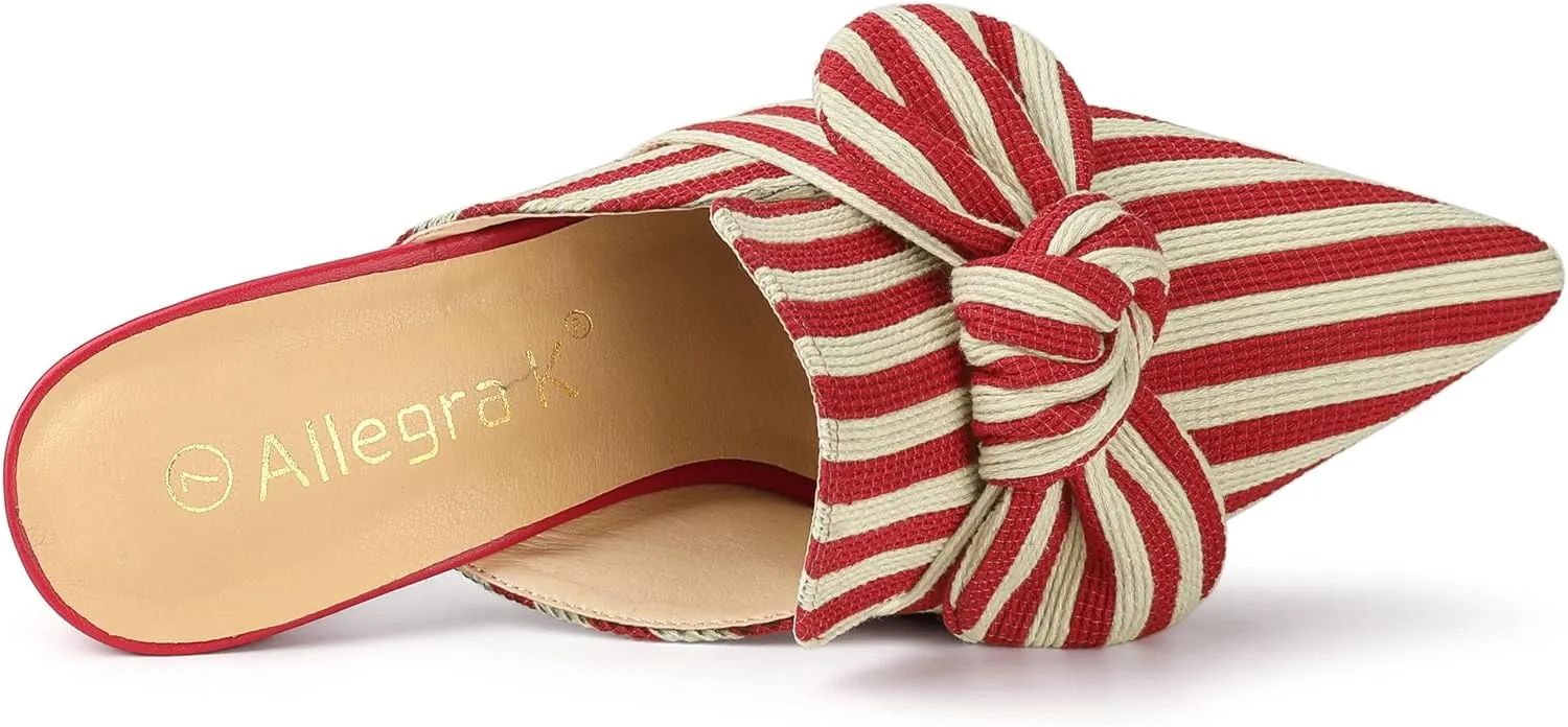 Allegra K Women's Stripe Bow Pointed Toe Block Heel Slides Mules
